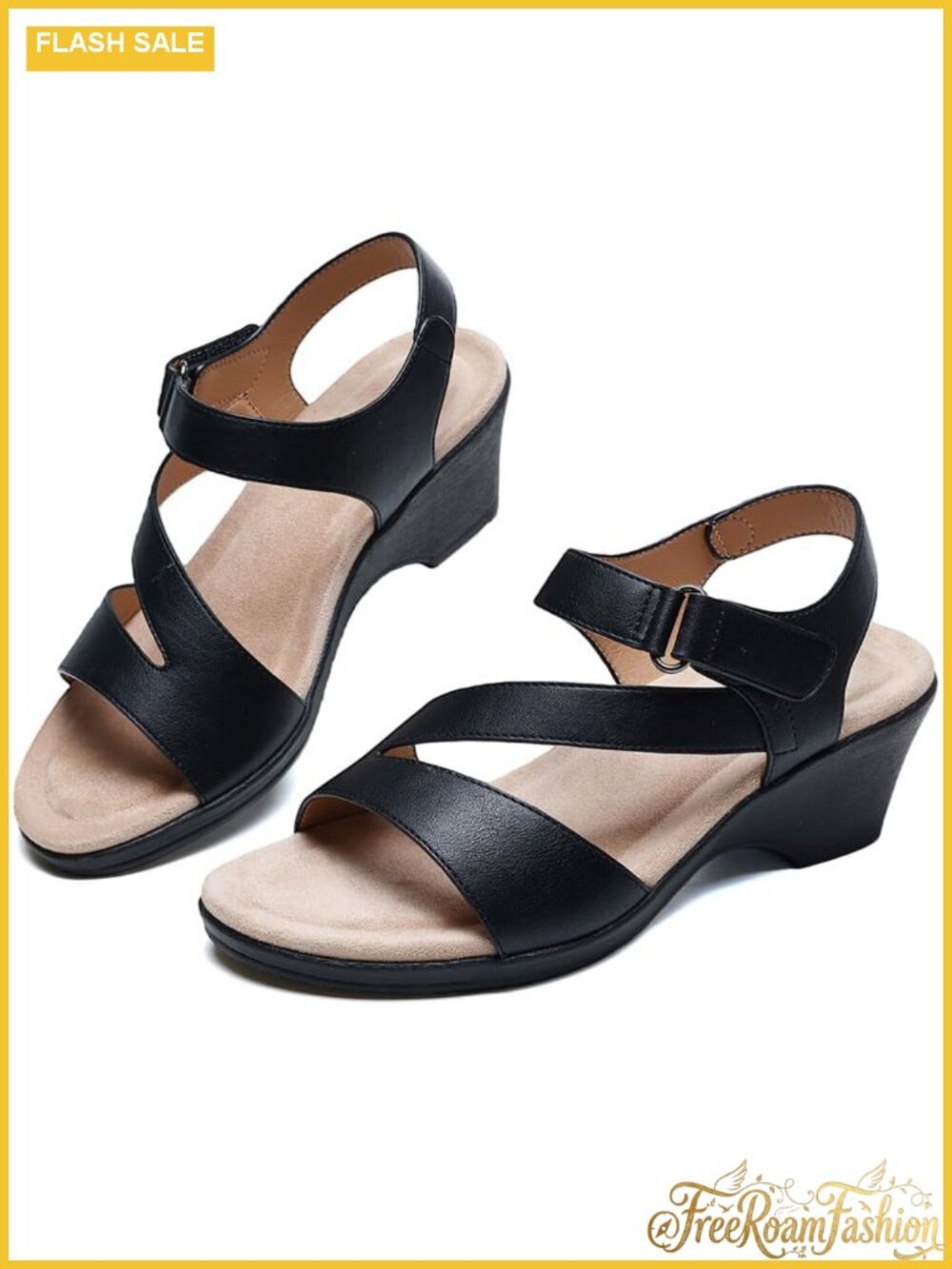 Womens Wedge Sandals 2 Inch Platform PU Leather Wide Toe Arch Support